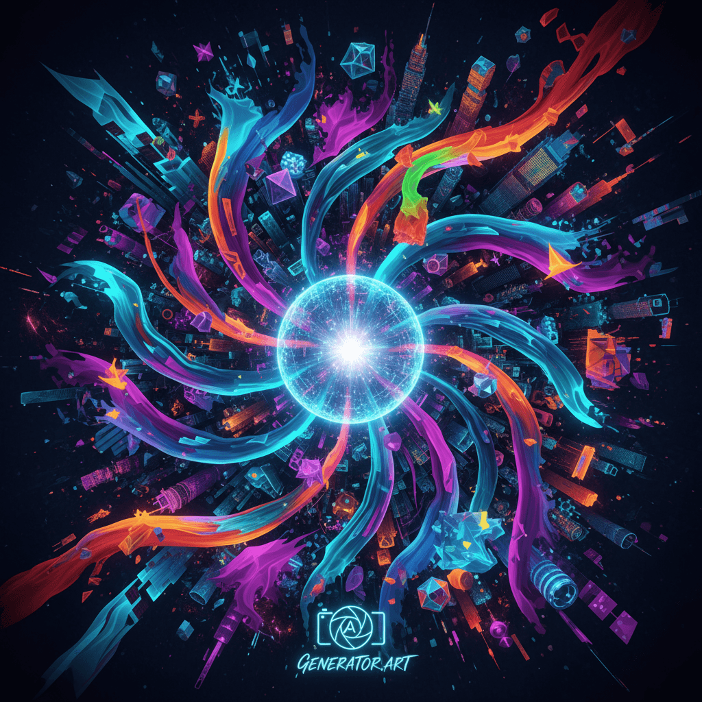 네온 디지털 아트 형태의 역동적인 폭발, AI 이미지 생성 사이트의 창조적 힘을 상징.