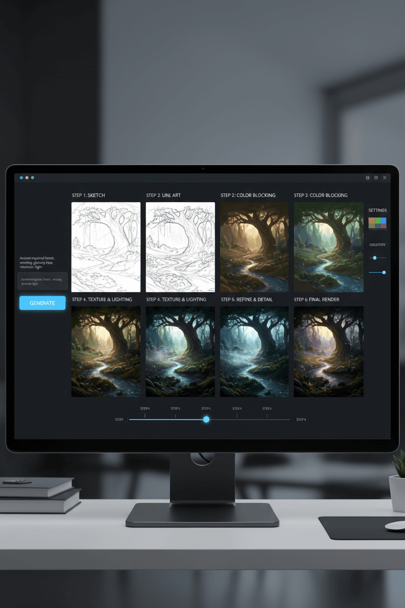 AI 이미지 생성 사이트의 깔끔한 사용자 인터페이스가 스케치에서 사실적인 작품으로 이미지가 진화하는 과정을 보여준다.