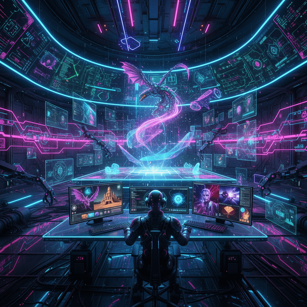 네온 불빛이 번쩍이는 사이버펑크 연구실에서 회로가 다양한 예술을 생성하는 AI 이미지 생성 플랫폼.