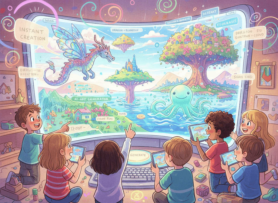 AI 이미지 생성 사이트에서 화면에 생성된 환상적인 생물들을 아이들이 신기해하며 바라본다.