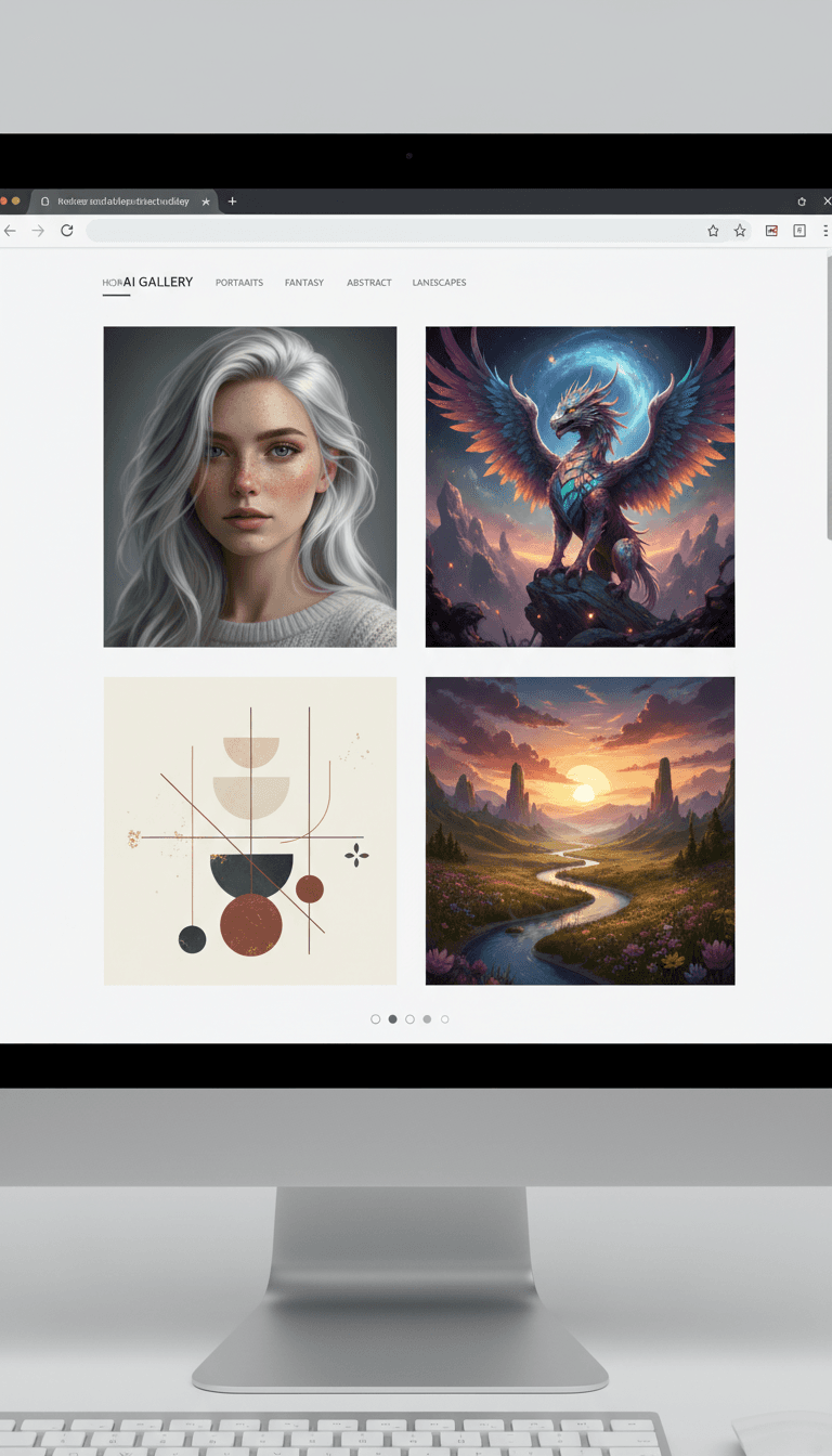 초상화, 생명체, 추상화, 풍경 등 다양한 AI 생성 이미지가 그리드 형태로 표시된 웹페이지.