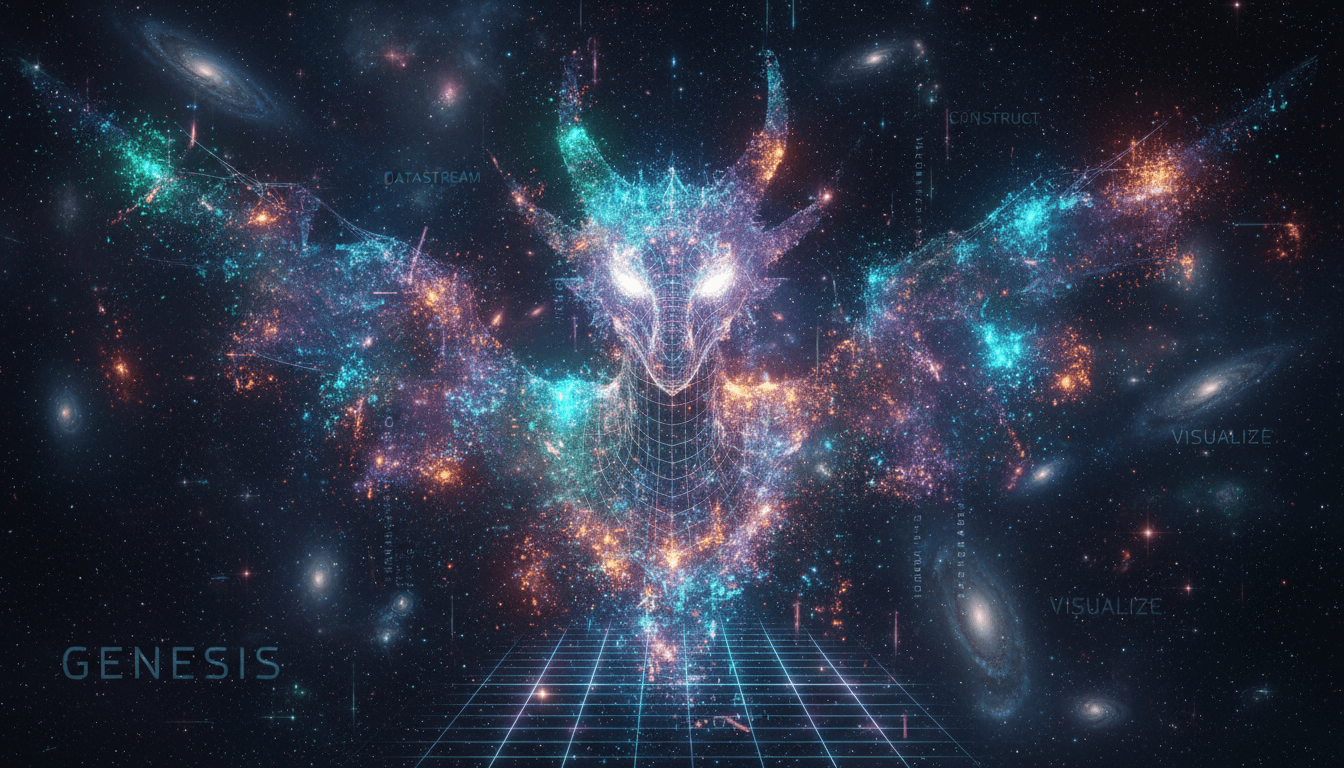 빛나는 픽셀이 인식 가능한 물체로 조립되며, AI 이미지 생성의 기본 과정을 보여준다.