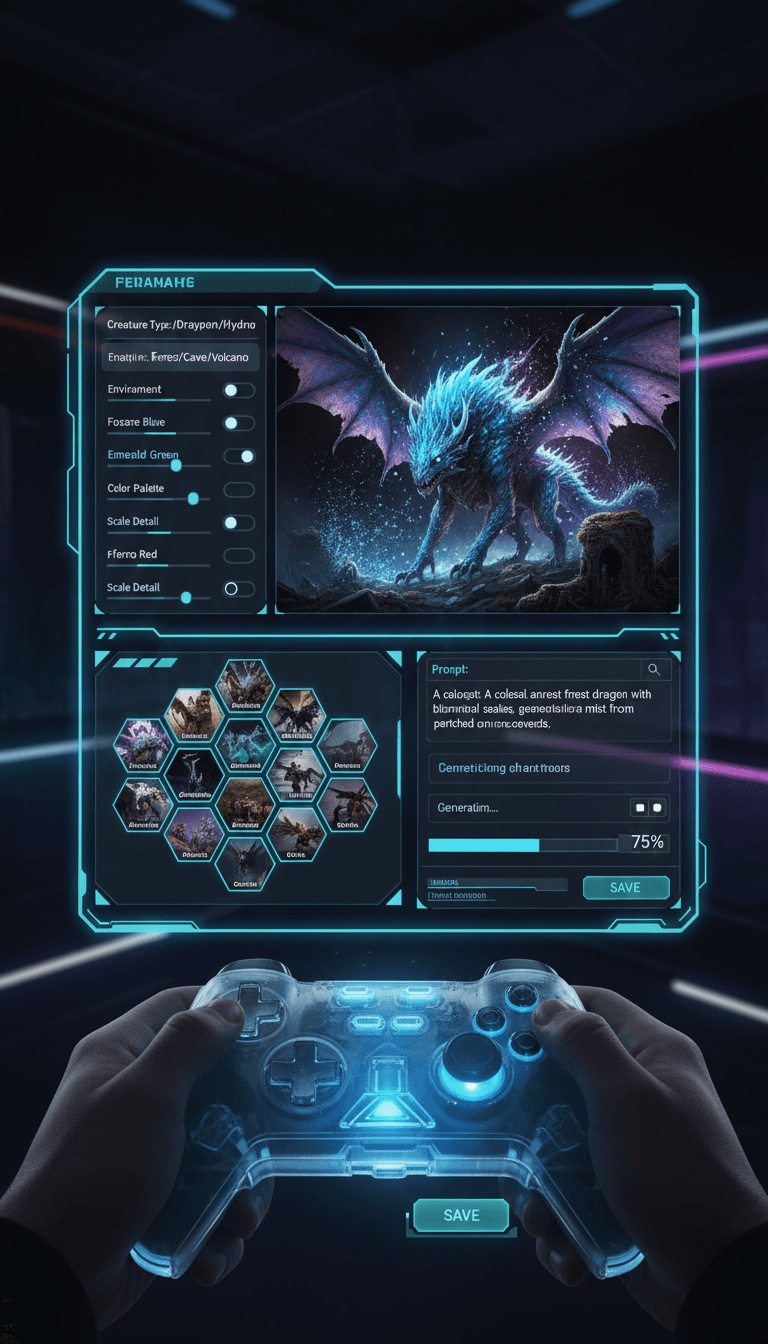 사용자 시점에서 본 AI 이미지 생성 대시보드, 실시간으로 환상적인 생물이 생성되는 모습.