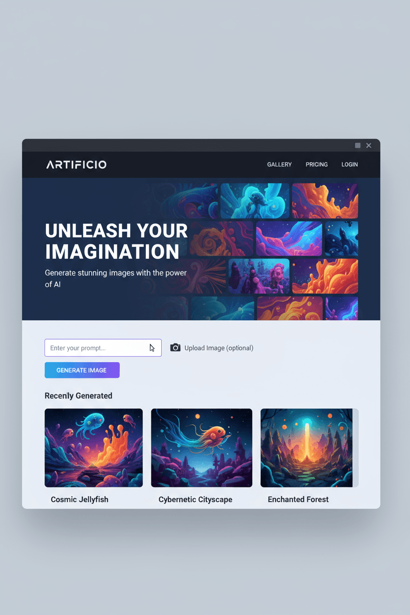 AI 이미지 생성 사이트의 매끈하고 현대적인 웹페이지 디자인, 역동적인 예술과 직관적인 입력 필드.