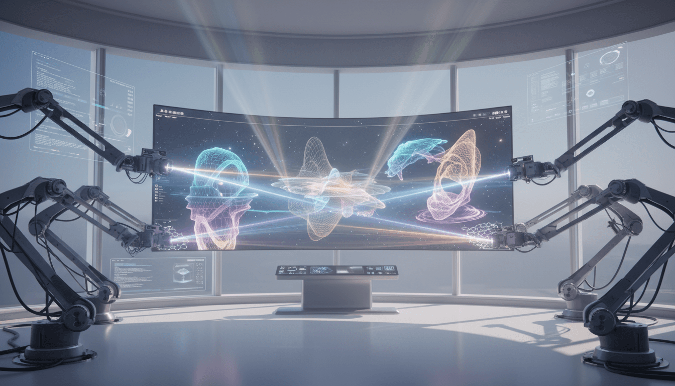 미래형 스튜디오에서 로봇 팔이 AI 생성 사이트의 인터페이스에서 3D 이미지를 조각한다.