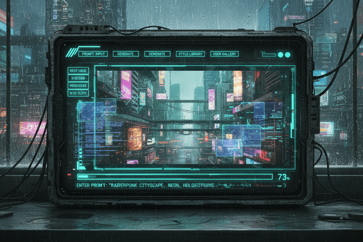 비 내리는 디스토피아 도시 풍경을 렌더링하는 AI 이미지 생성 사이트의 거친 사이버펑크 인터페이스.