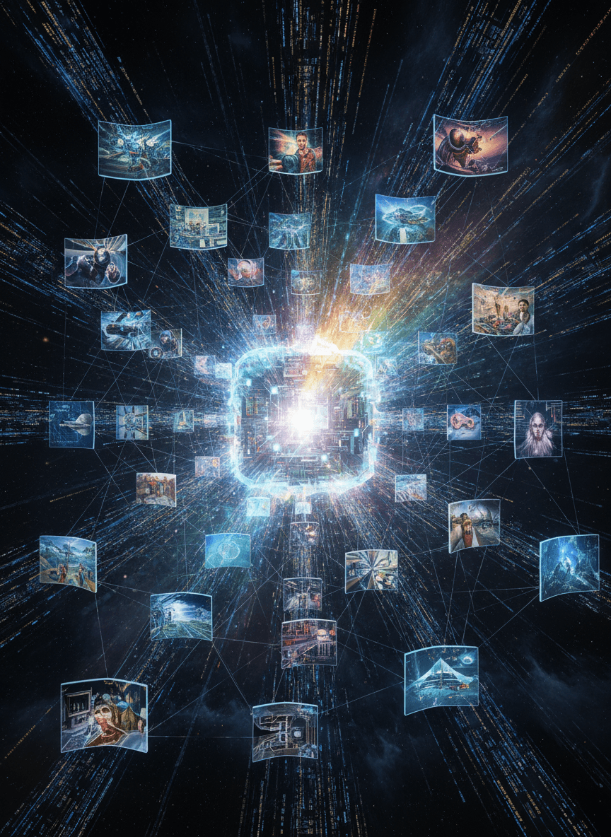 빛나는 데이터 스트림이 AI 코어로 흘러들어가서, 정교하고 다양한 생성 이미지로 폭발하는 모습.