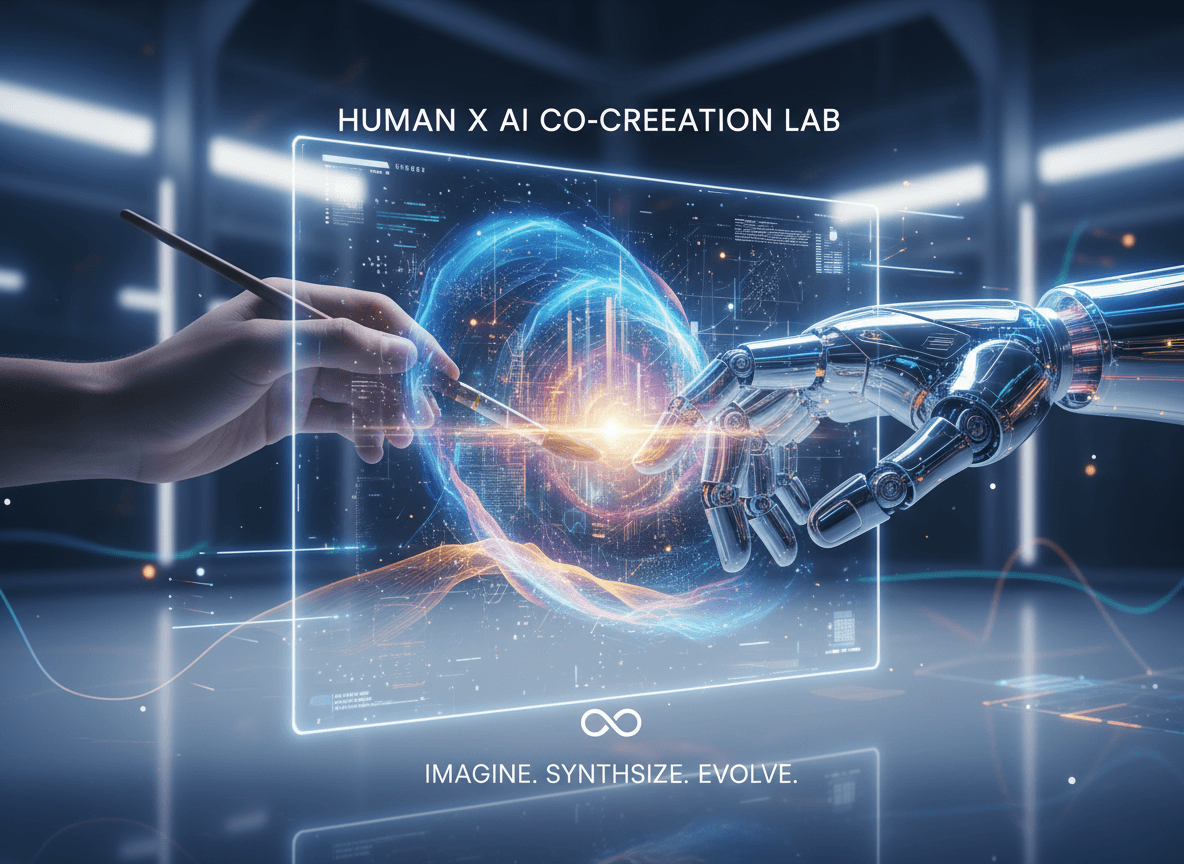 인간의 손과 로봇의 손이 홀로그램 AI 이미지 생성 인터페이스에서 예술을 공동 창작한다.