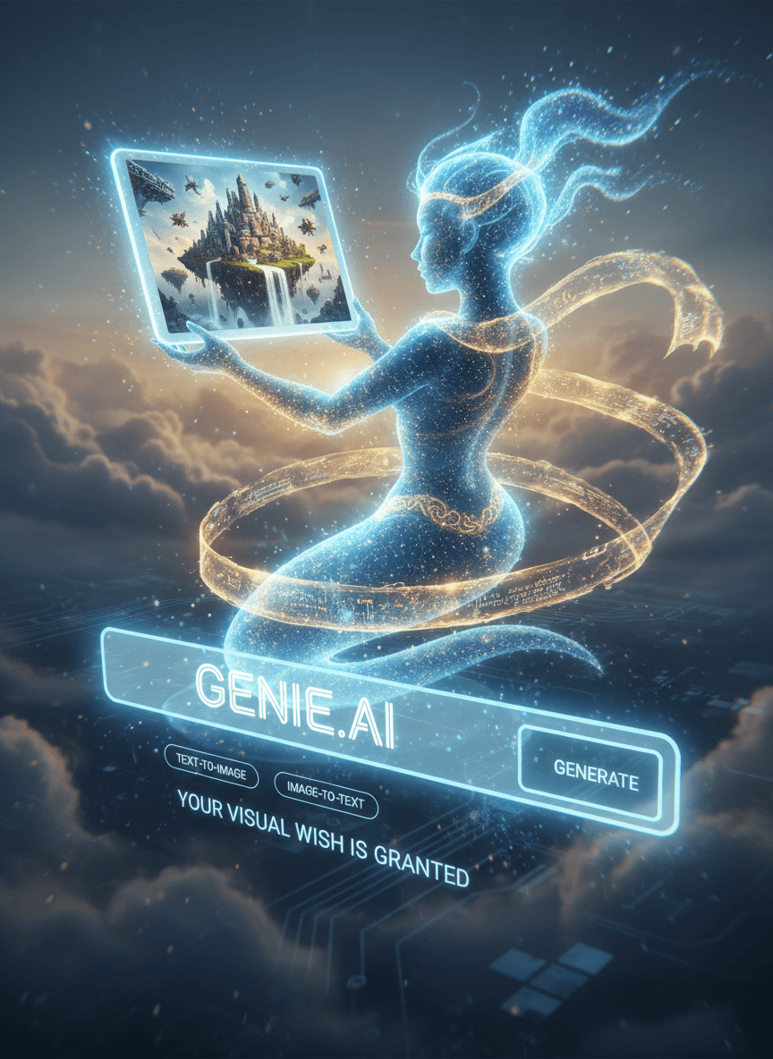 웹사이트 검색창에서 빛나는 지니 같은 존재가 나타나, 새롭게 생성된 AI 이미지를 제공.