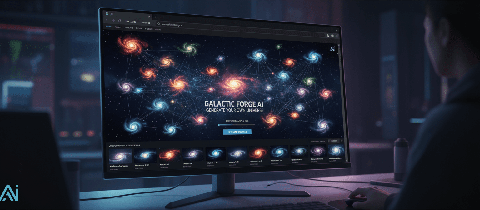 데이터 노드의 광대한 우주 네트워크가 고유한 은하를 생성, 웹 브라우저를 통해 보이는 거대한 AI 이미지 생성 사이트.