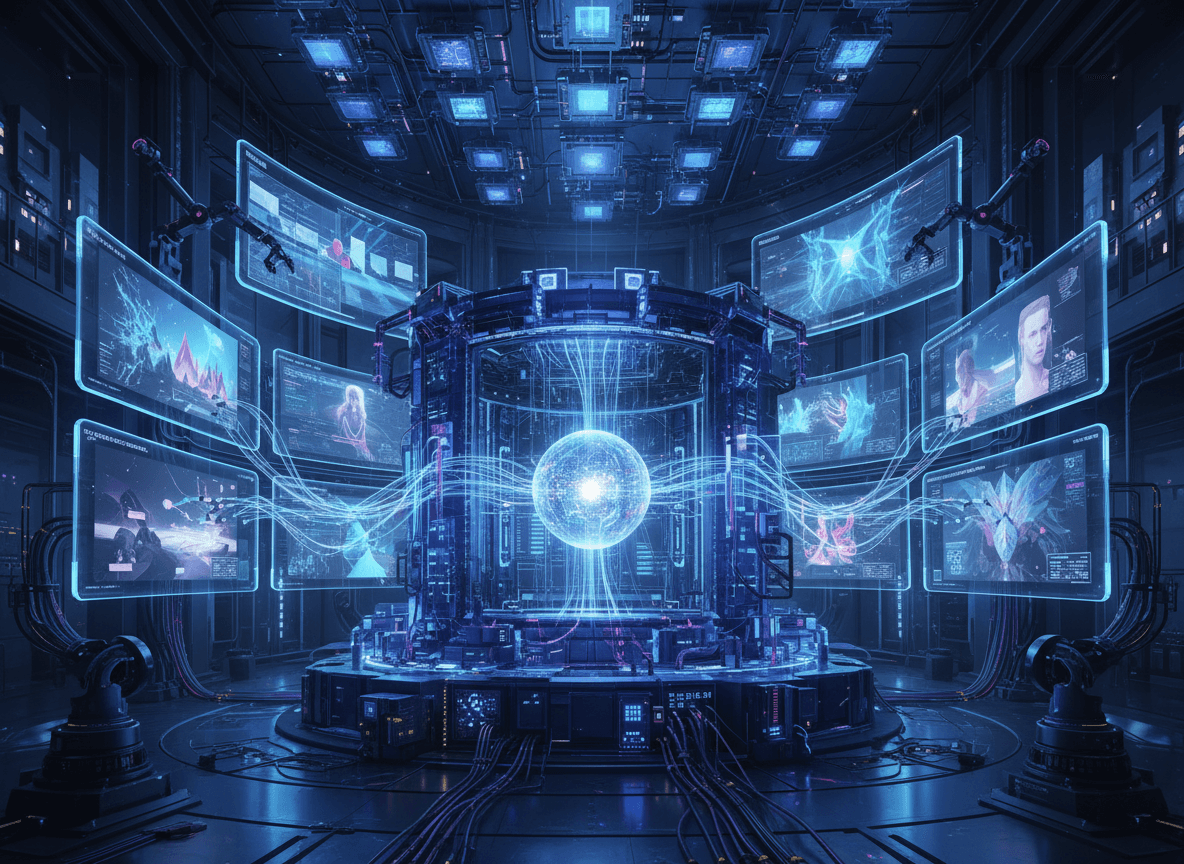 AI 이미지 생성 사이트의 중심에 있는 양자 컴퓨터 같은 기계가 데이터를 예술로 렌더링한다.