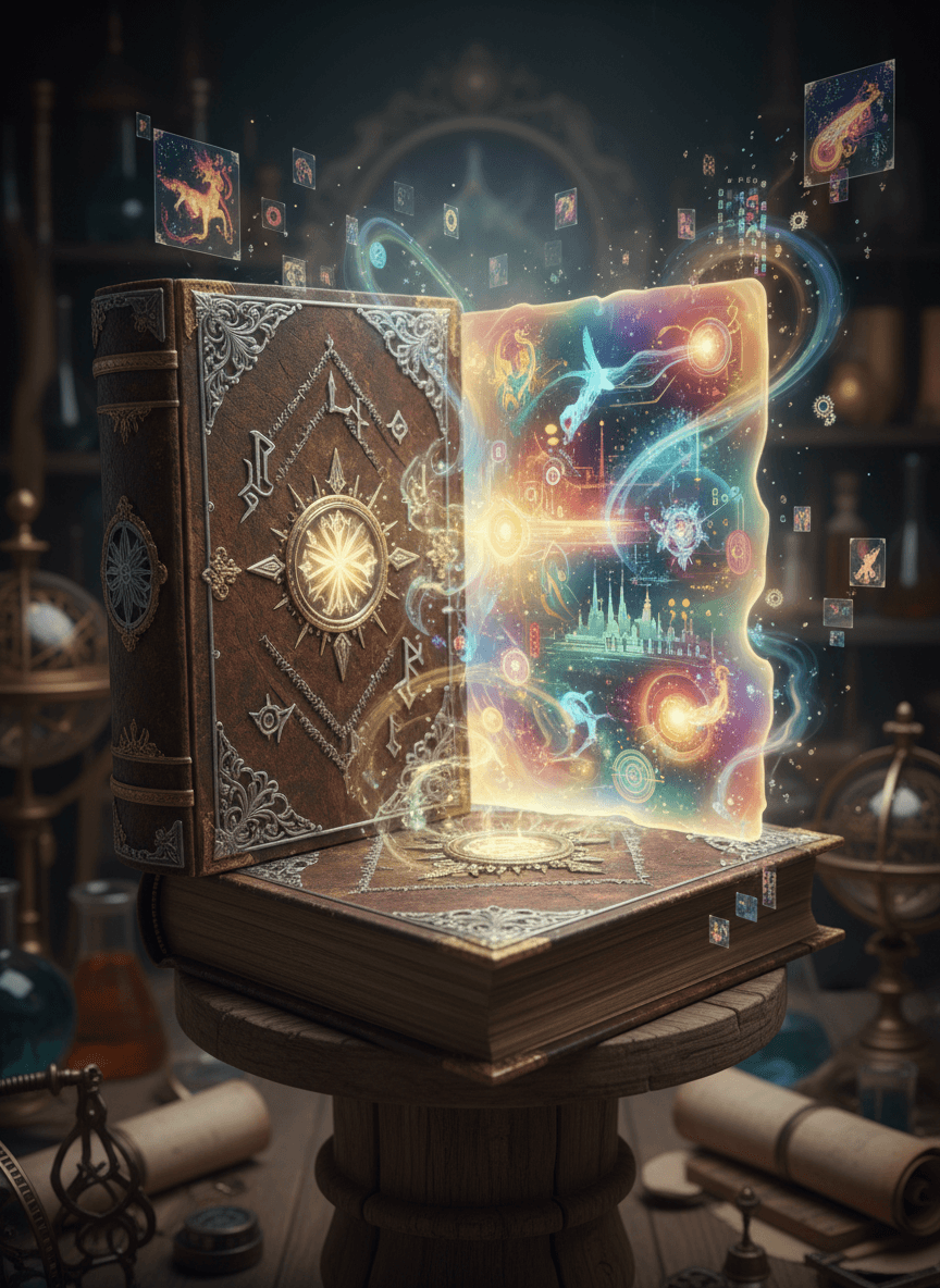 장식적인 책의 한 페이지에서 AI 생성 이미지가 계속 형성되며, 고대와 새로운 것이 융합된다.