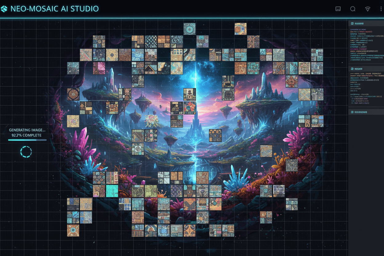 수천 개의 작은 디지털 타일이 웹 플랫폼에서 합쳐져 크고 멋진 AI 생성 모자이크 이미지를 형성.