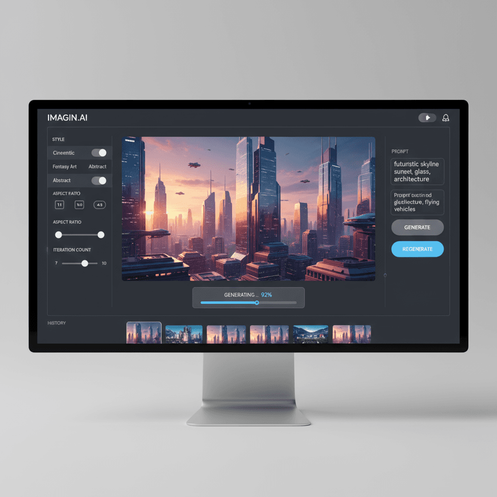 깔끔하고 현대적인 AI 이미지 생성 사이트 UI, 초현실적인 이미지 미리보기와 직관적인 제어.