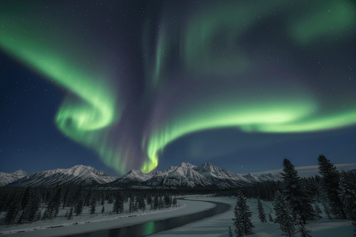 어두운 산악 지형 위에 펼쳐진 화려한 오로라 밤하늘 배경.