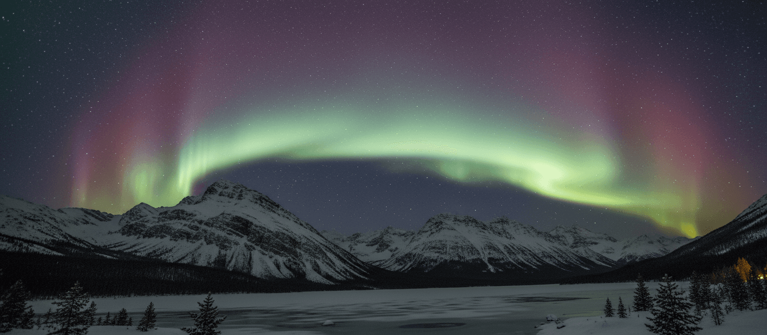 눈 덮인 산 위에 펼쳐진 아름다운 오로라 배경, 별이 빛나는 밤하늘의 생생한 초록색과 보라색 빛.