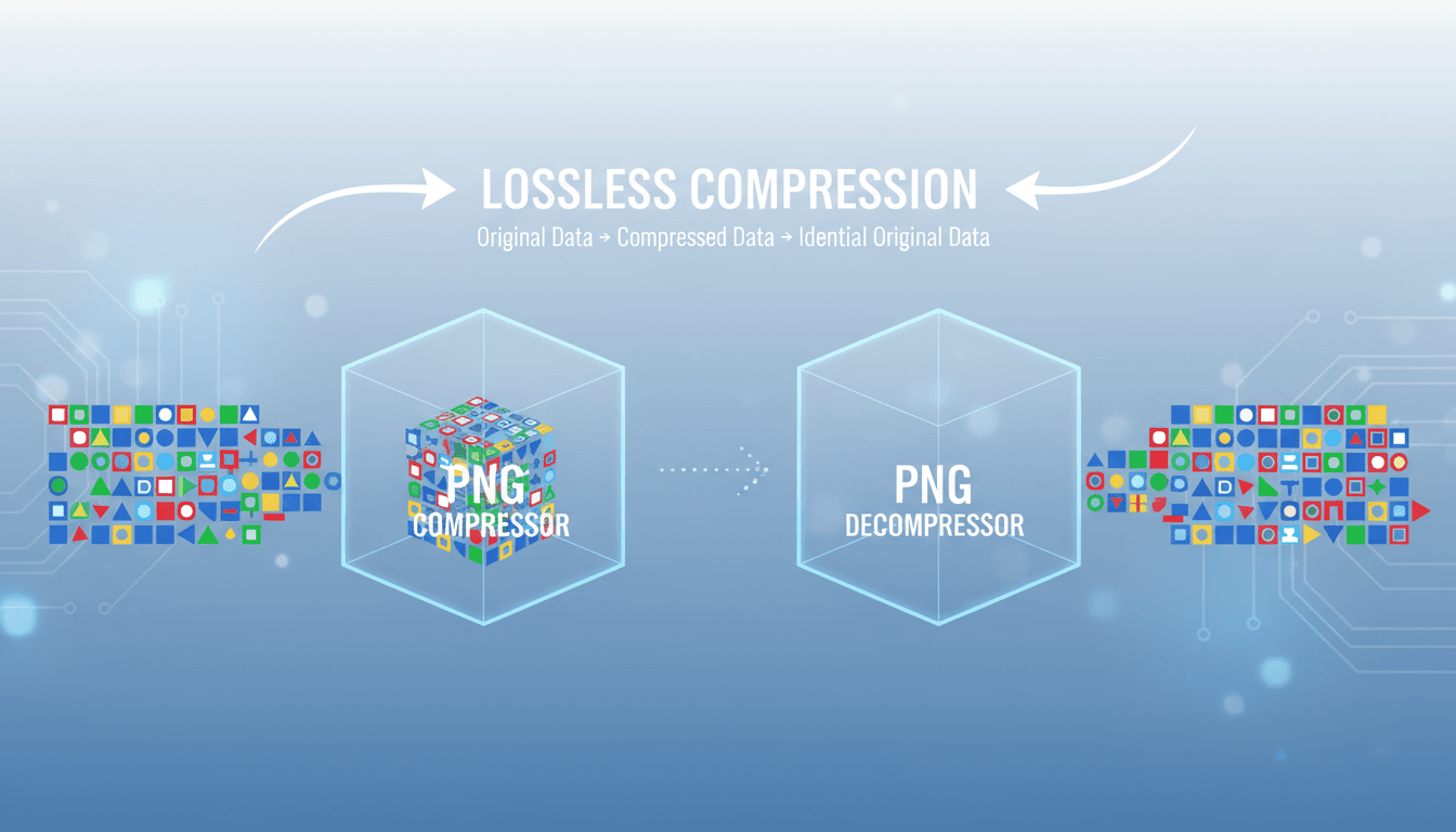데이터가 투명한 'PNG' 상자로 흘러 들어가고 똑같이 나오는 손실 없는 압축을 시각화한 인포그래픽.