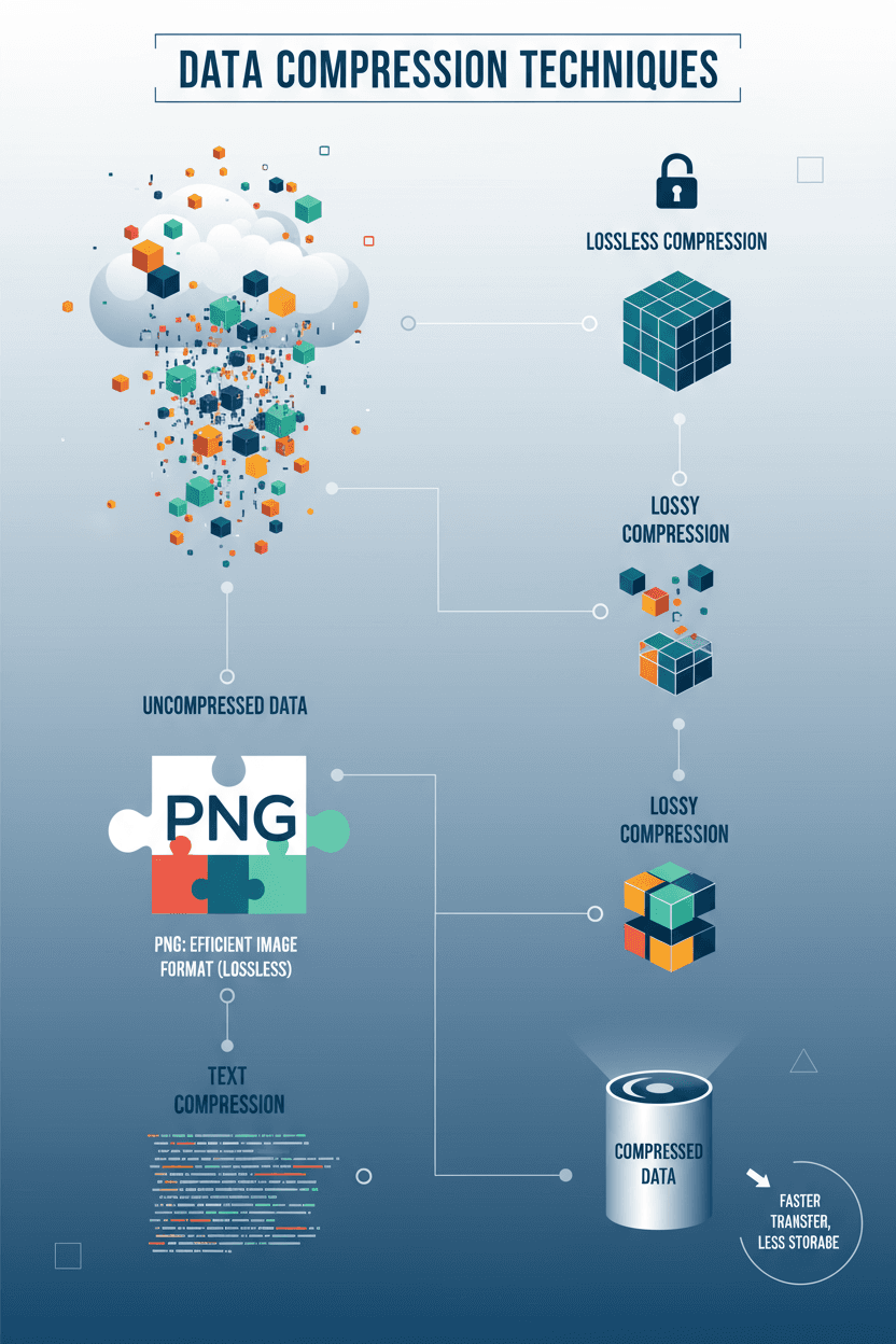 효율적인 이미지 형식의 예시로 PNG 로고가 특징인 데이터 압축에 대한 현대적인 인포그래픽.