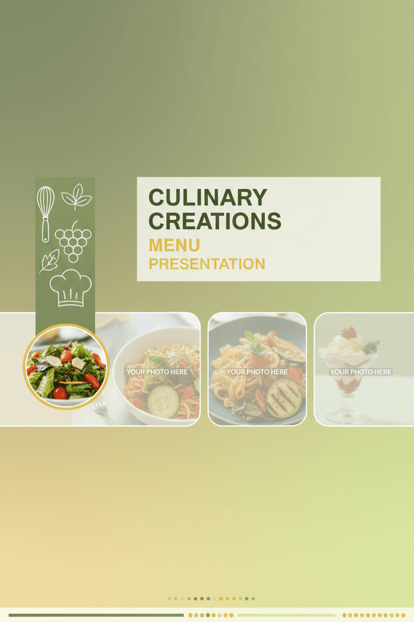 음식 일러스트레이션과 따뜻한 녹색/노란색이 있는 요리 프레젠테이션 템플릿.