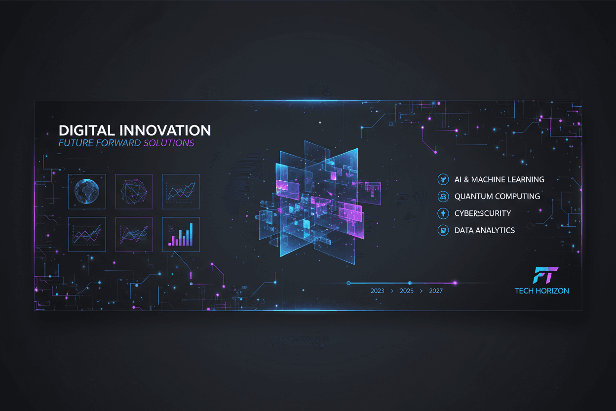 어두운 배경에 빛나는 회로 기판 패턴과 네온 악센트가 있는 미래형 기술 PPT 템플릿.