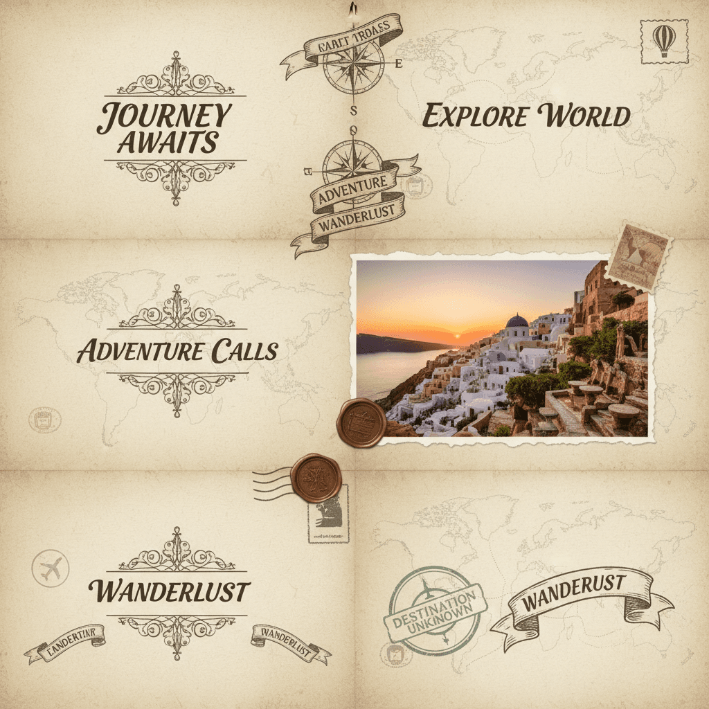 빈티지 엽서 미학과 차분한 세피아 톤이 있는 여행 모험 PPT 템플릿.