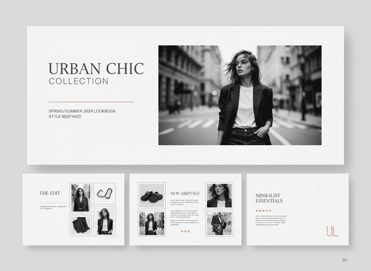 편집 스타일 사진 레이아웃과 미니멀리스트 디자인의 시크한 패션 및 라이프스타일 PPT 템플릿