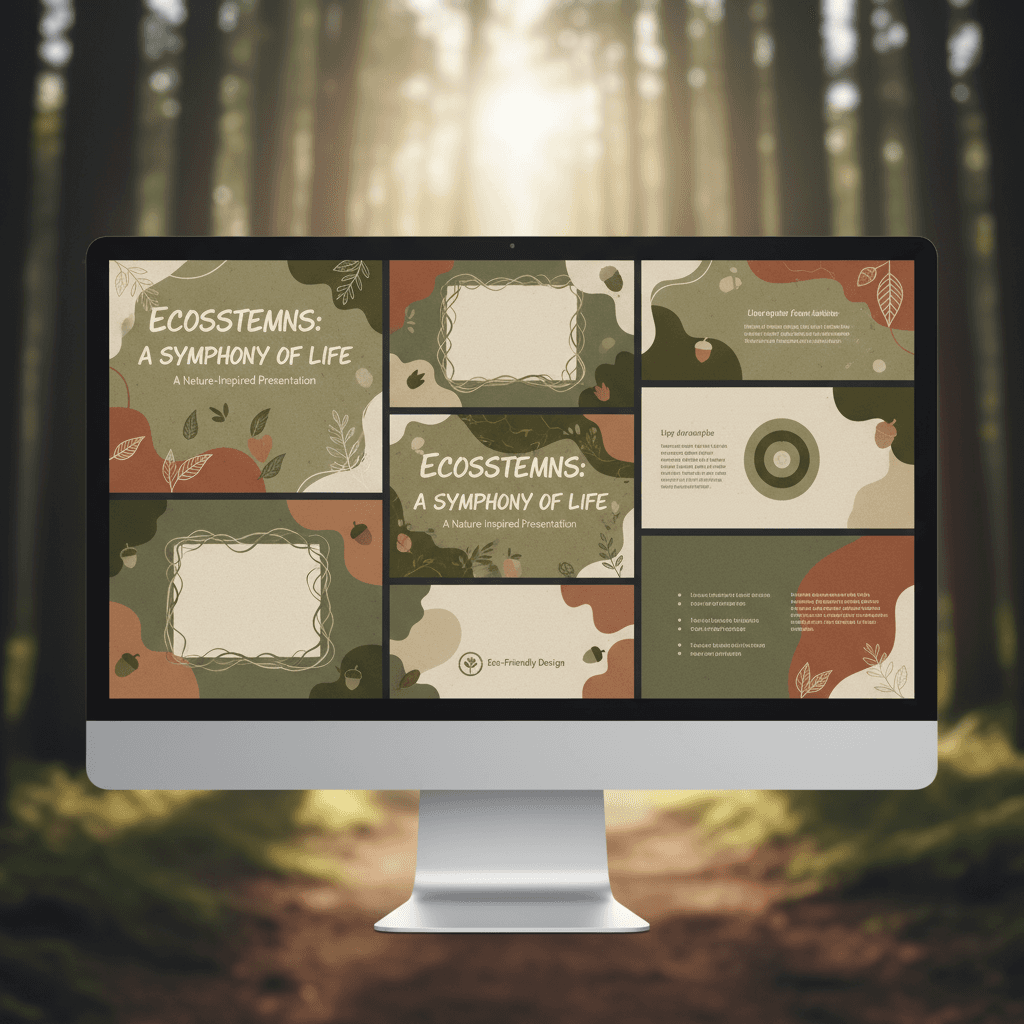 흙색 톤의 섬세한 잎사귀 모티프가 있는 자연에서 영감을 받은 PPT 템플릿.