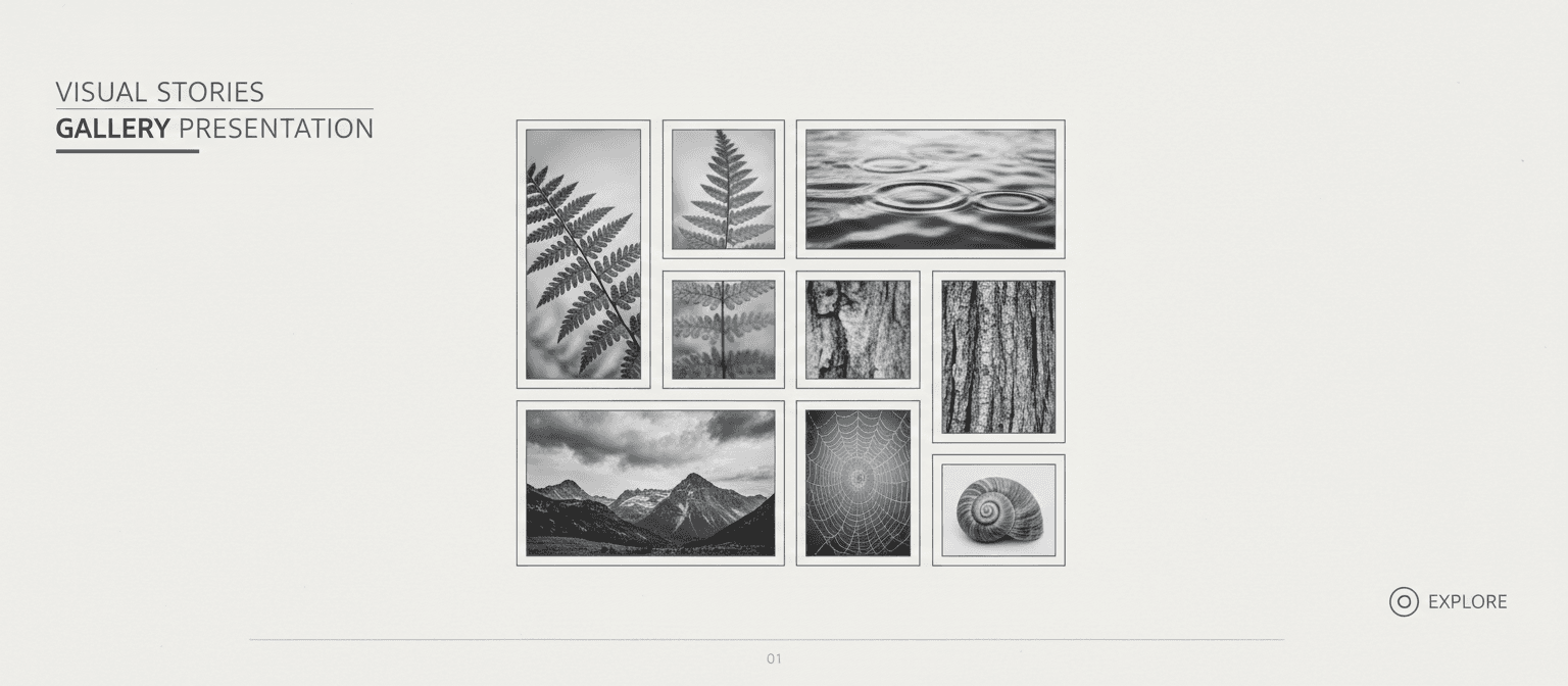 여러 이미지를 조화롭게 표시하며 최소한의 텍스트가 있는 간단한 사진 그리드 PPT 템플릿