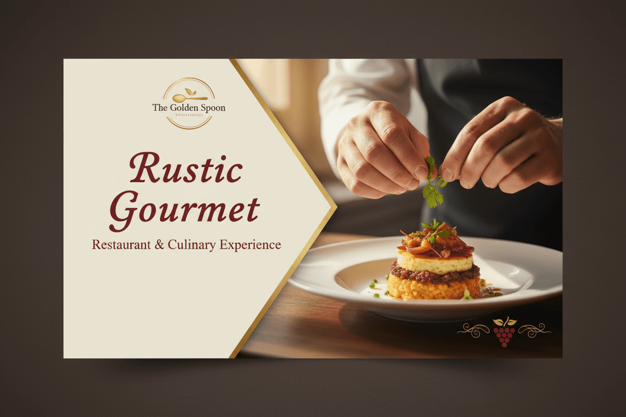 따뜻한 소박한 색상, 요리 사진, 우아한 스크립트 글꼴이 있는 고급 음식 PPT 템플릿.