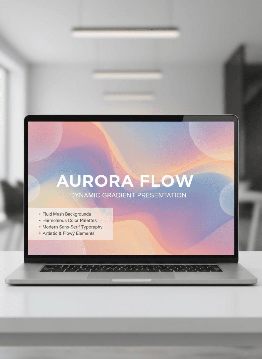 부드러운 색상 전환과 현대적인 산세리프 서체가 있는 유체 그라디언트 메시 PPT 템플릿.