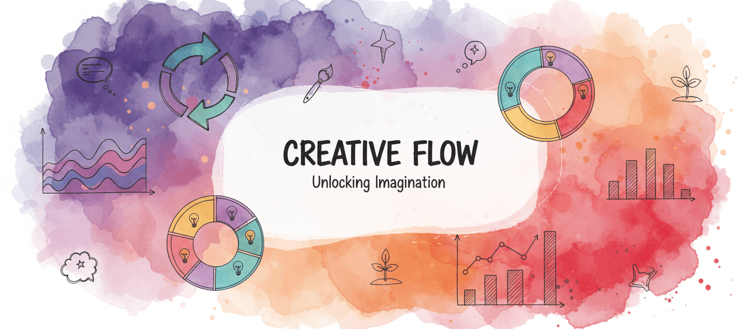 보라색과 주황색 수채화 질감 배경과 손으로 그린 인포그래픽 요소가 돋보이는 생동감 넘치고 예술적인 파워포인트 템플릿.