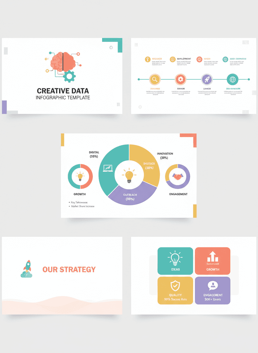 원형 다이어그램, 타임라인 및 밝은 색상을 특징으로 하는 창의적인 인포그래픽 PPT 템플릿