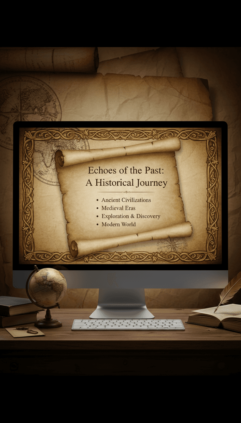 세피아 톤, 오래된 종이 질감, 화려한 테두리가 있는 빈티지 역사 PPT 템플릿