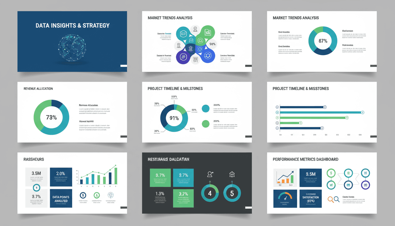 복잡한 데이터 시각화를 위한 인포그래픽 중심의 파워포인트 템플릿으로, 다양한 차트, 그래프, 아이콘이 전문적인 색 구성표로 정리되어 있습니다.