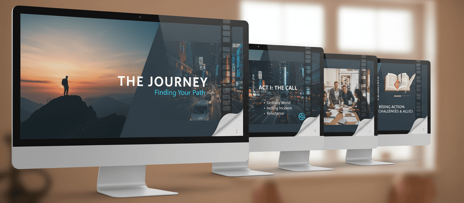 큰 이미지 홀더와 점진적인 정보 흐름을 가진 스토리텔링 내러티브 PPT 템플릿