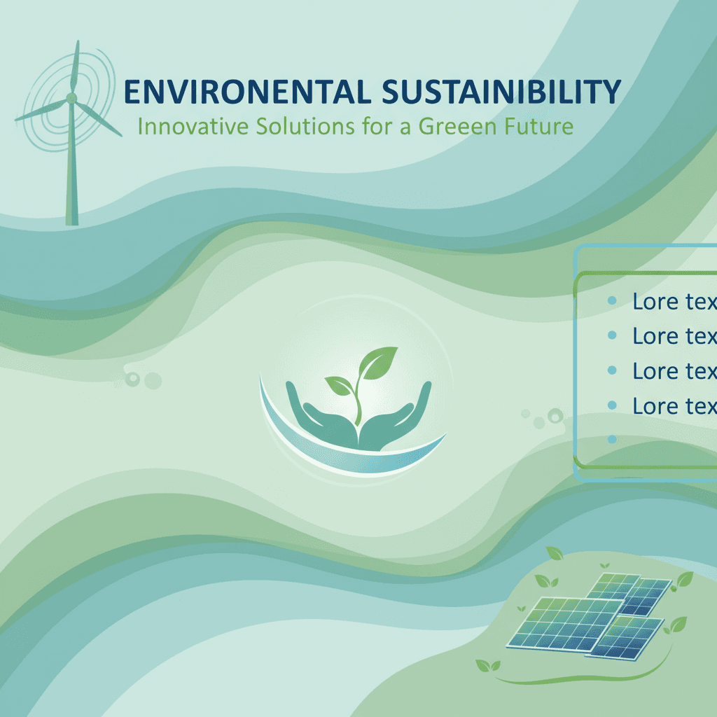 부드러운 물결 모양의 선과 파스텔 녹색 및 파란색이 있는 환경 지속 가능성 PPT 템플릿.