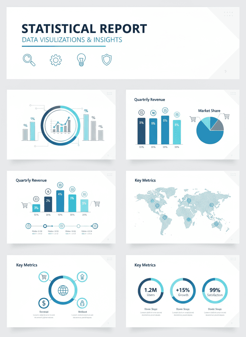 다양한 차트와 데이터 시각화가 포함된 깔끔한 인포그래픽 프레젠테이션 템플릿.