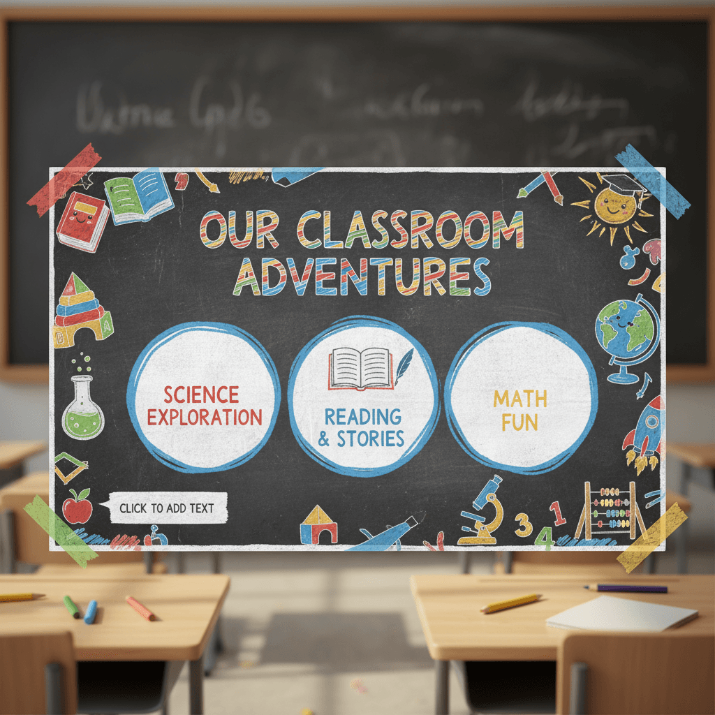 손으로 그린 요소와 밝은 색상이 있는 칠판 스타일의 교육용 PPT 템플릿.