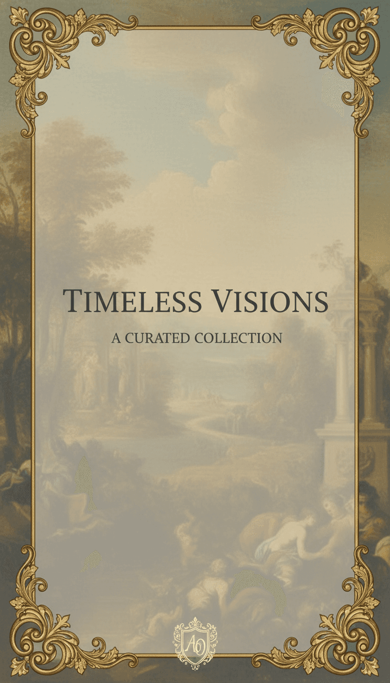 차분한 역사적 그림 질감과 화려한 장식 프레임이 있는 고전적이고 우아한 PPT 템플릿.