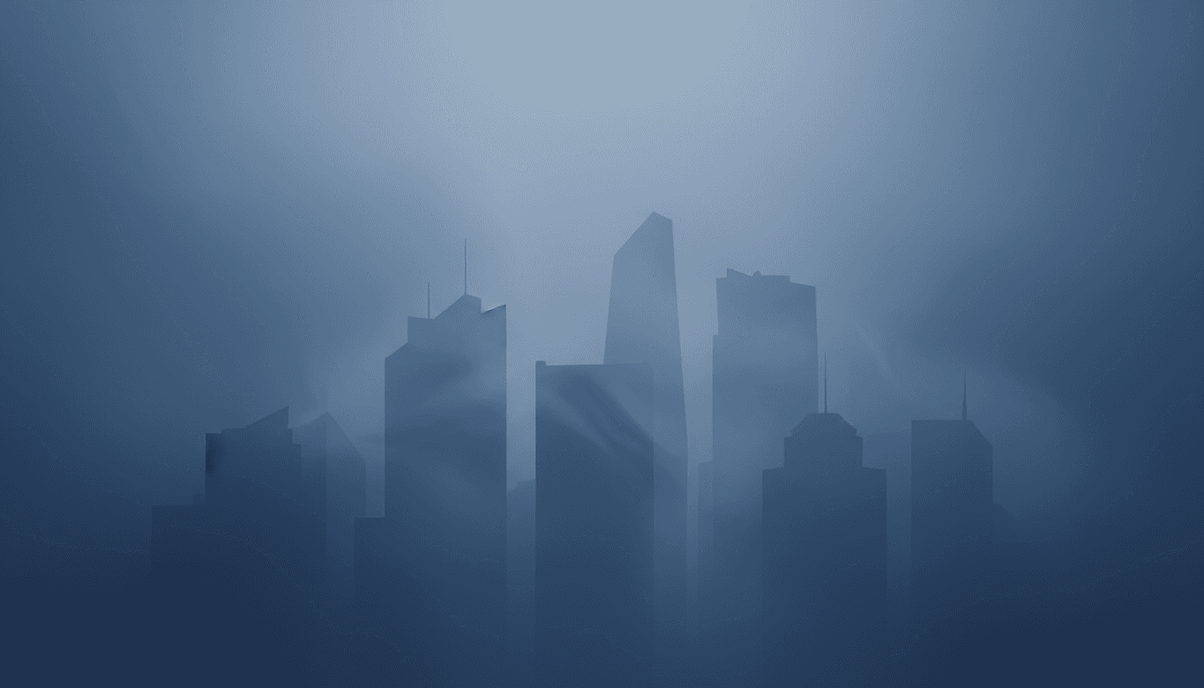 안개 낀 하늘을 배경으로 한 마천루의 미묘한 실루엣이 있는 현대적인 도시 PPT 표지.