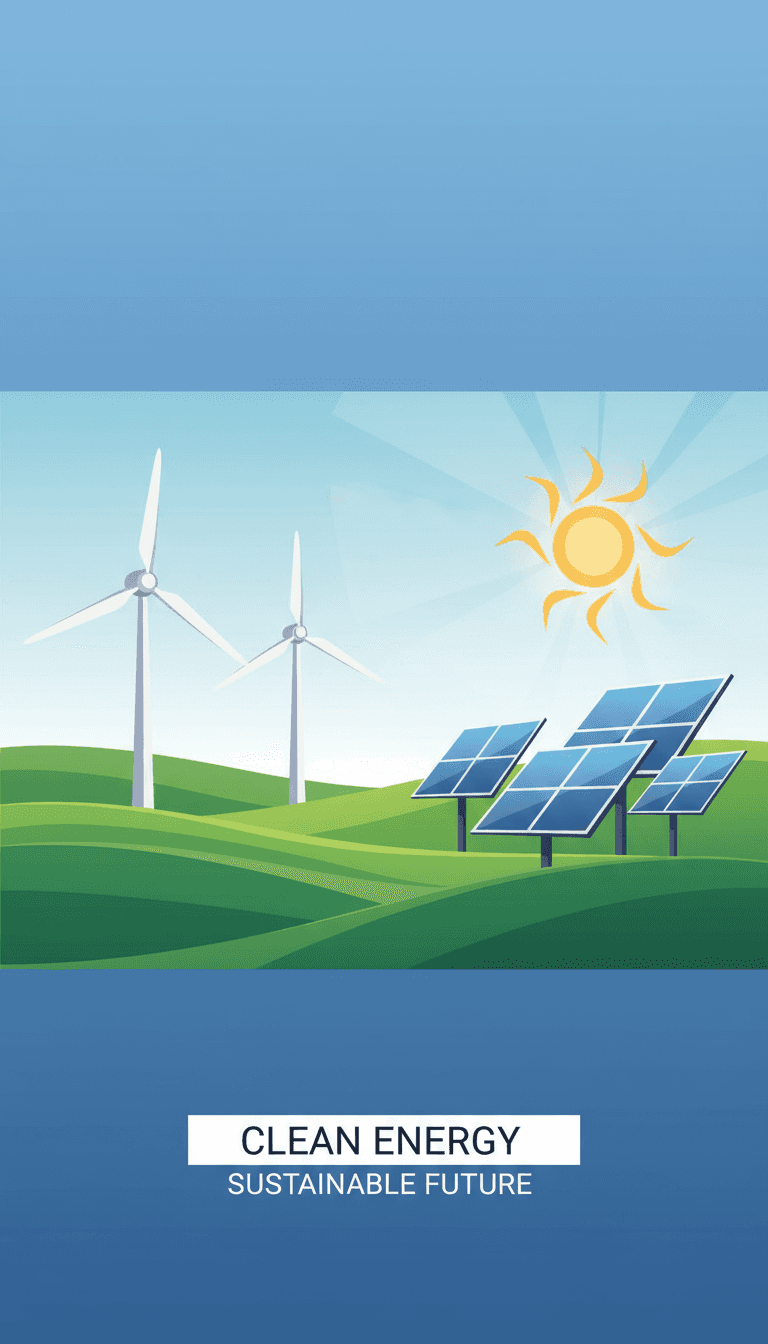 양식화된 풍력 터빈과 태양광 패널이 묘사된 환경 PPT 표지.