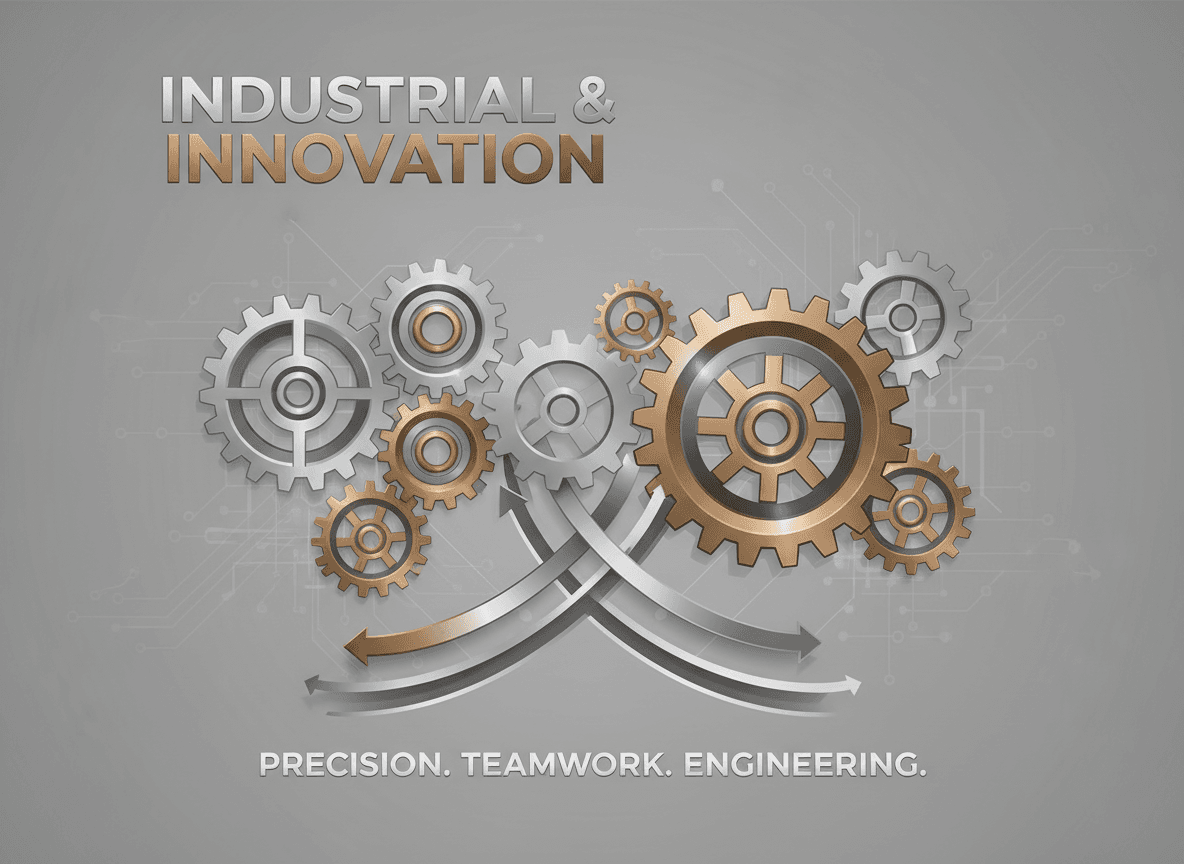 산업과 혁신을 상징하는 맞물린 금속 톱니바퀴 스타일의 PPT 표지.