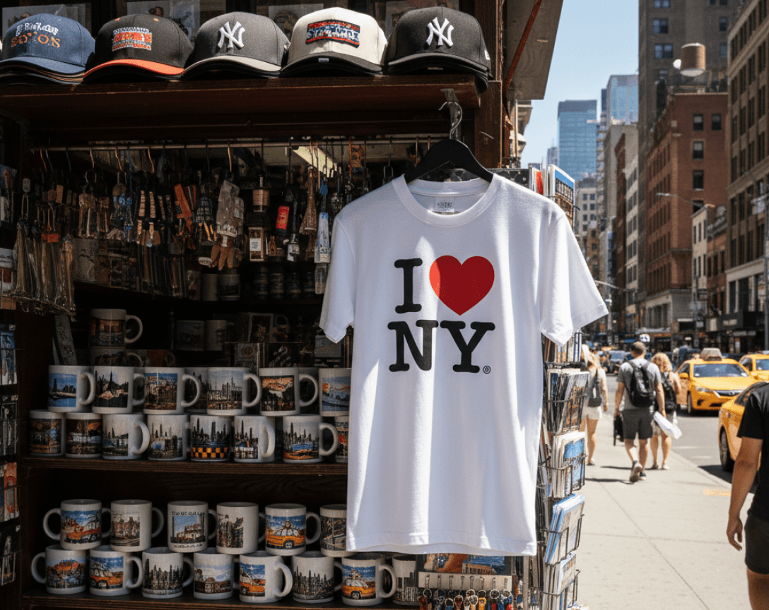 A white t-shirt with the iconic "I ❤️ NY" logo hangs prominently on a souvenir stand. The stand is filled with other New York-themed merchandise, including baseball caps, keychains, and mugs featuring city landmarks. The setting is a bustling New York City street with people and yellow taxis in the background. The text on the t-shirt is clear and sharp.