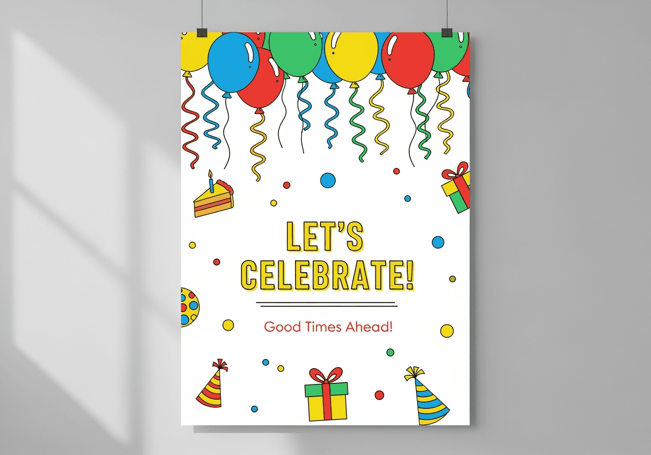 Colorful party celebration poster design with LET'S CELEBRATE text, featuring balloons, gift boxes, party hats, and birthday party design elements