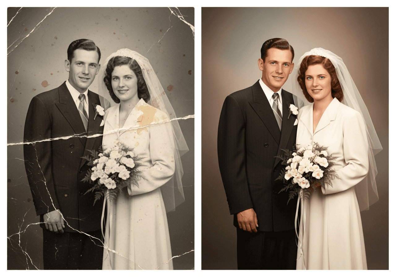 Wedding photo restoration comparison - damaged vintage photograph transformed into perfectly restored color version, photo restoration service results