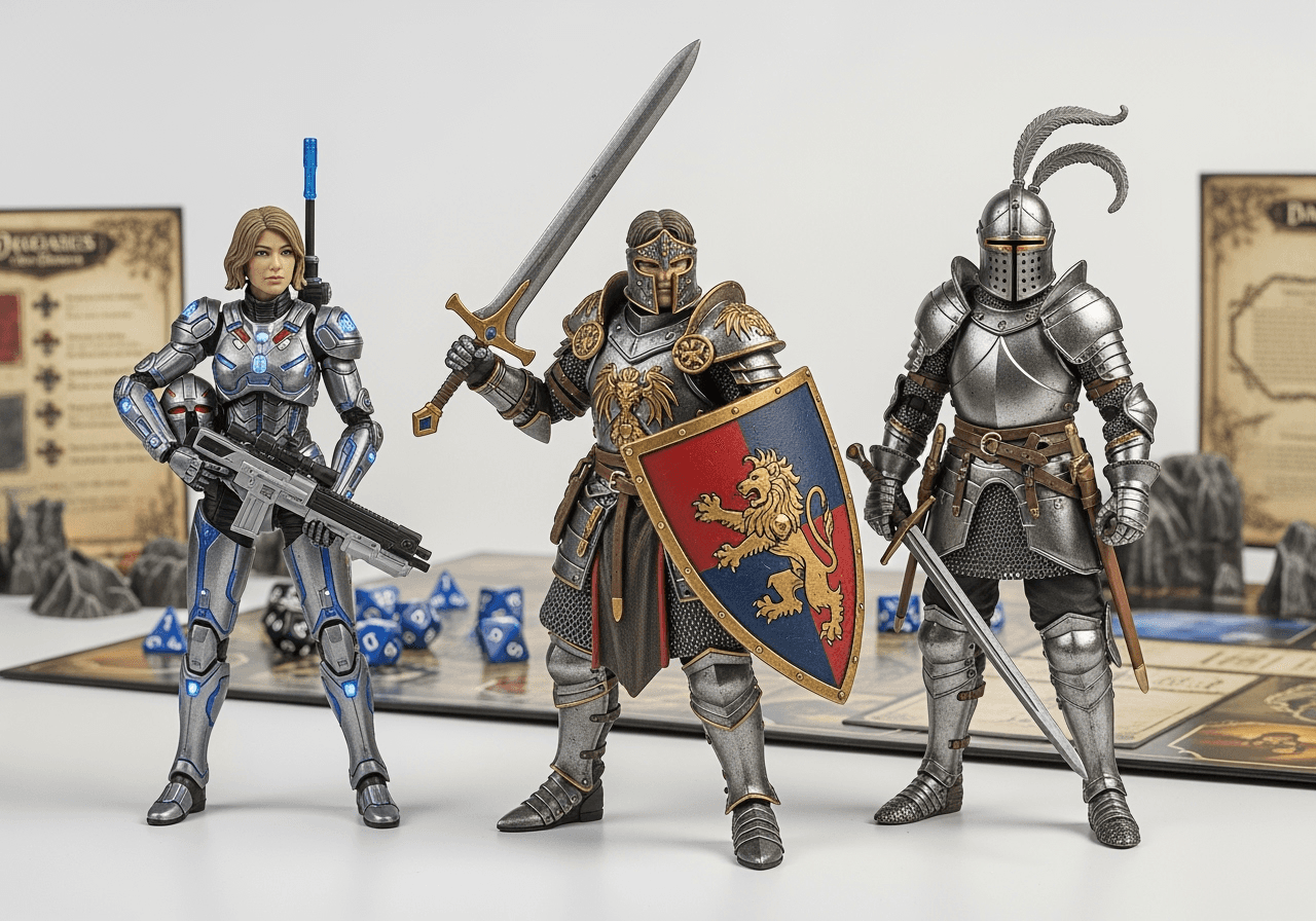D&D character design action figures for tabletop gaming - fantasy RPG heroes as collectible toys with gaming accessories