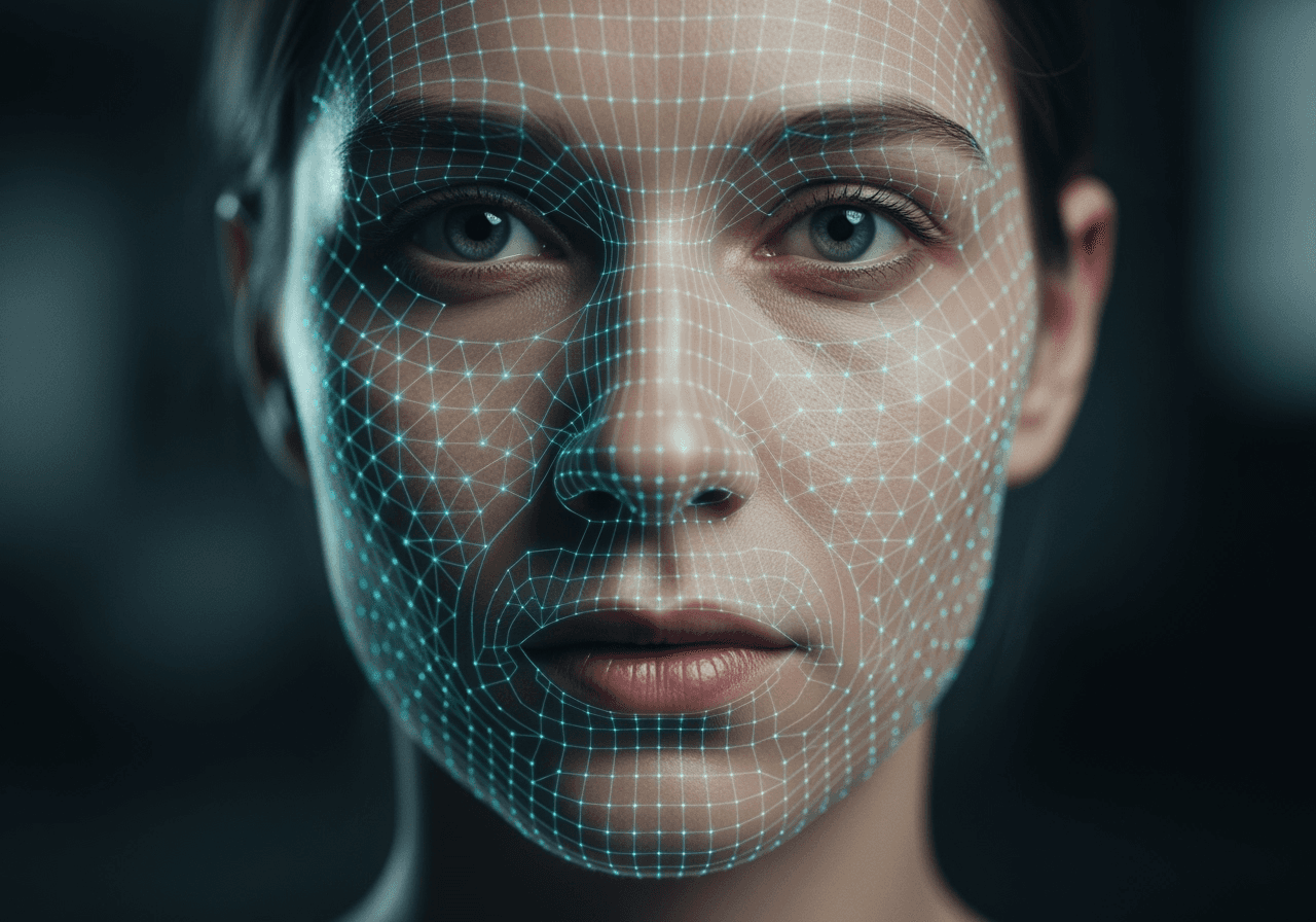 A close-up of a face with a minimalist digital grid overlay, representing AI analysis for the bald filter.