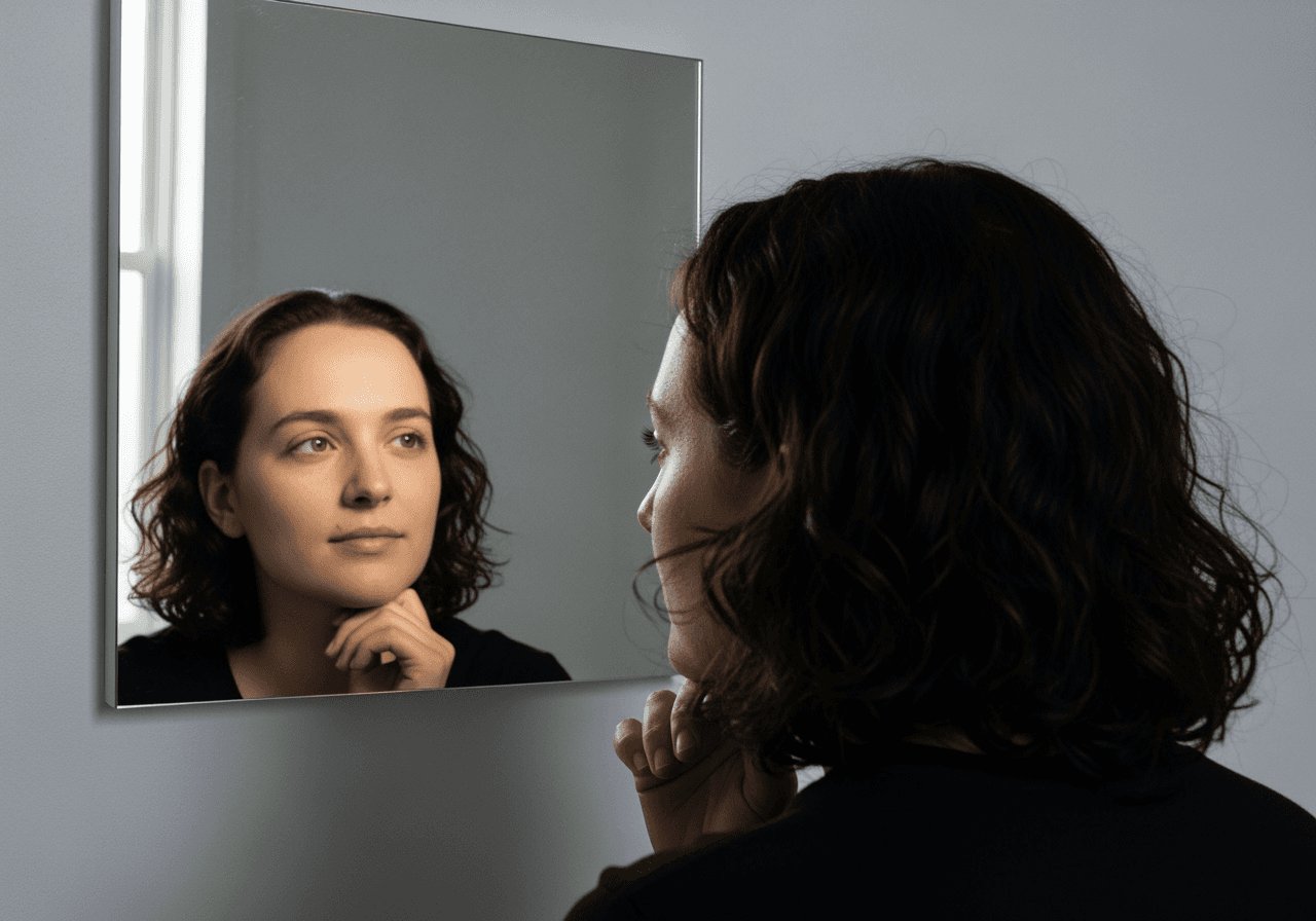 A person with hair gazes at their reflection in a mirror, which shows a realistic bald version of them.