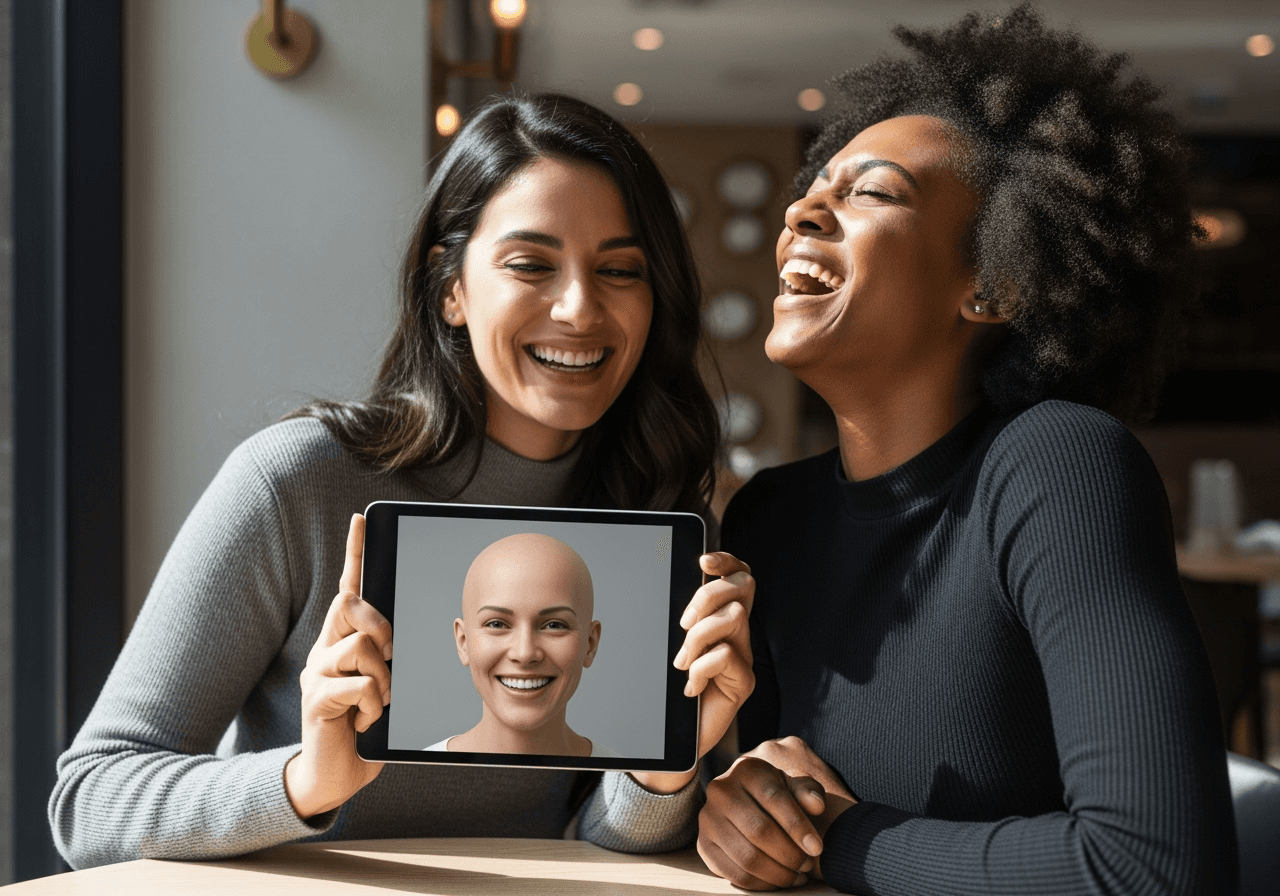 Two friends joyfully sharing and laughing at a bald filter result on a tablet.
