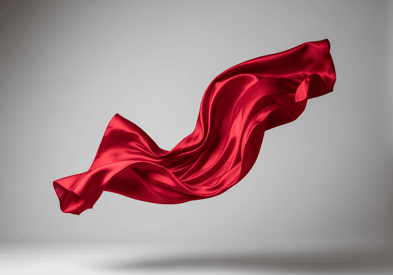 A red silk cloth floating realistically in a minimalist studio, demonstrating AI physics simulation.